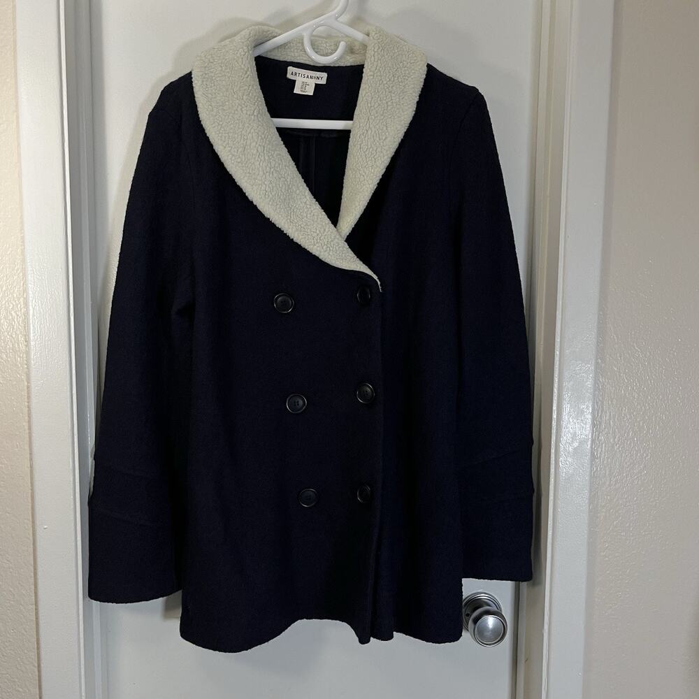 Artisan NY Women Navy Wool Blend Peacoat Faux Fur Collar Sz M